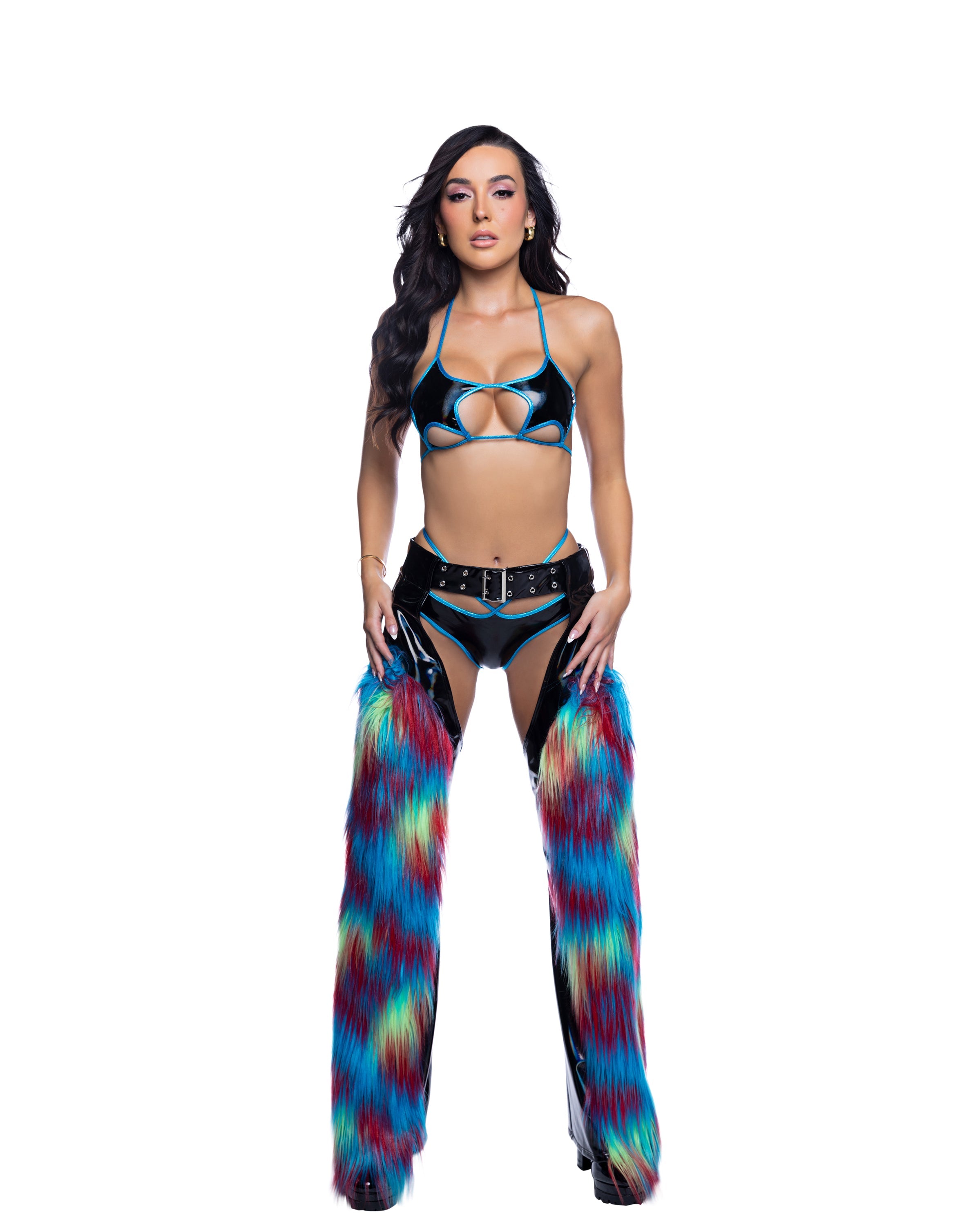 PVC & Rainbow Faux Fur Belted Chaps